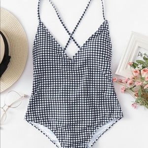 Cross Back Gingham One Piece Swimsuit